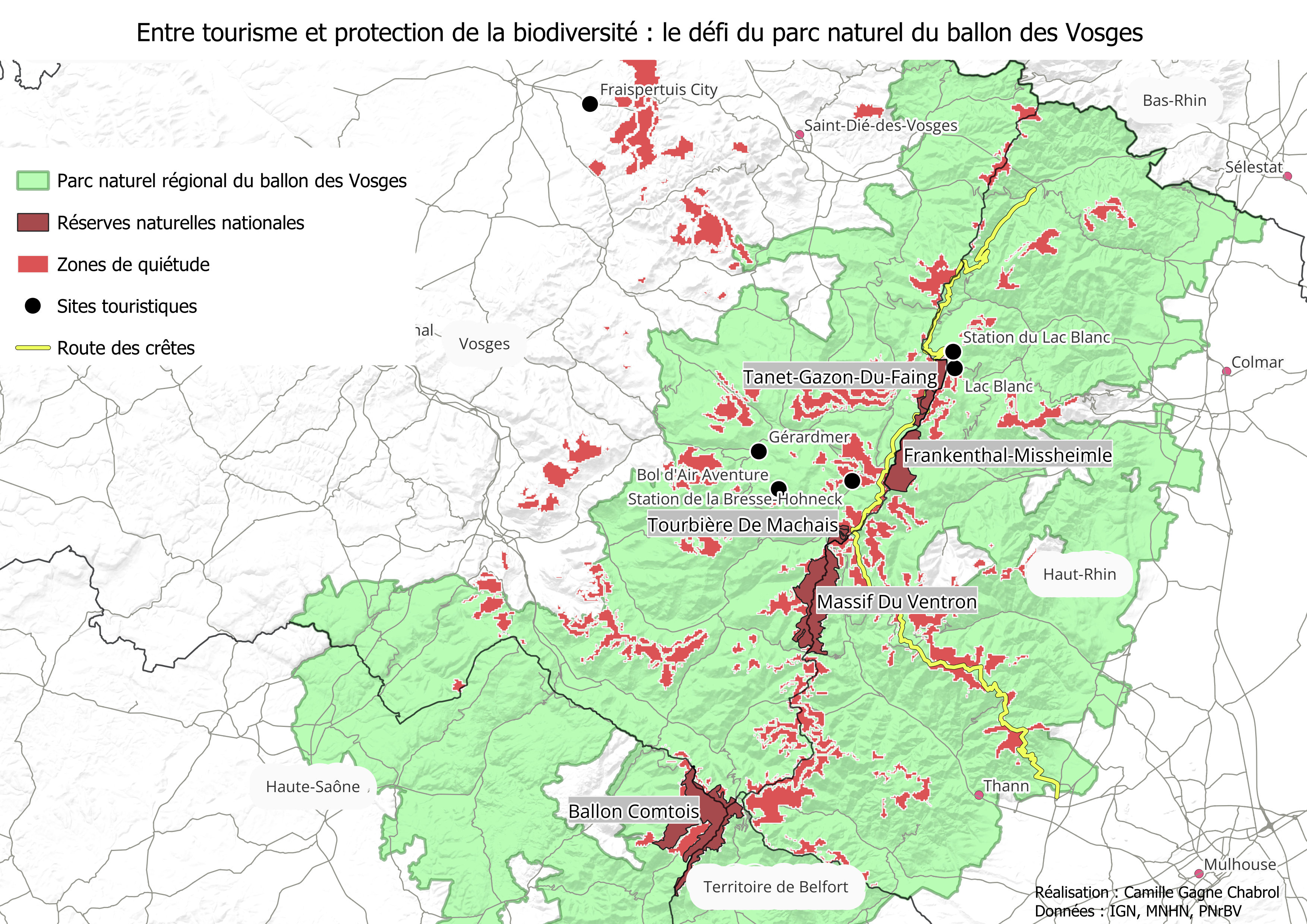 La carte des différentes zones protégées au sein du Parc du Ballon des Vosges